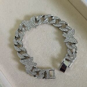 White Gold Filled Pave Cuban Link Chain Bracelet with CZ and Butterfly